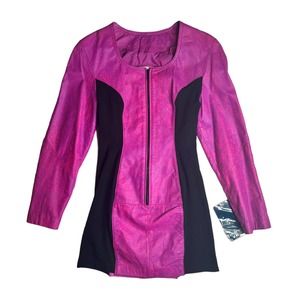 Vintage 90s Barbiecore Chia Pink Purple Leather Zip Bodycon Mini Dress Sz L NEW